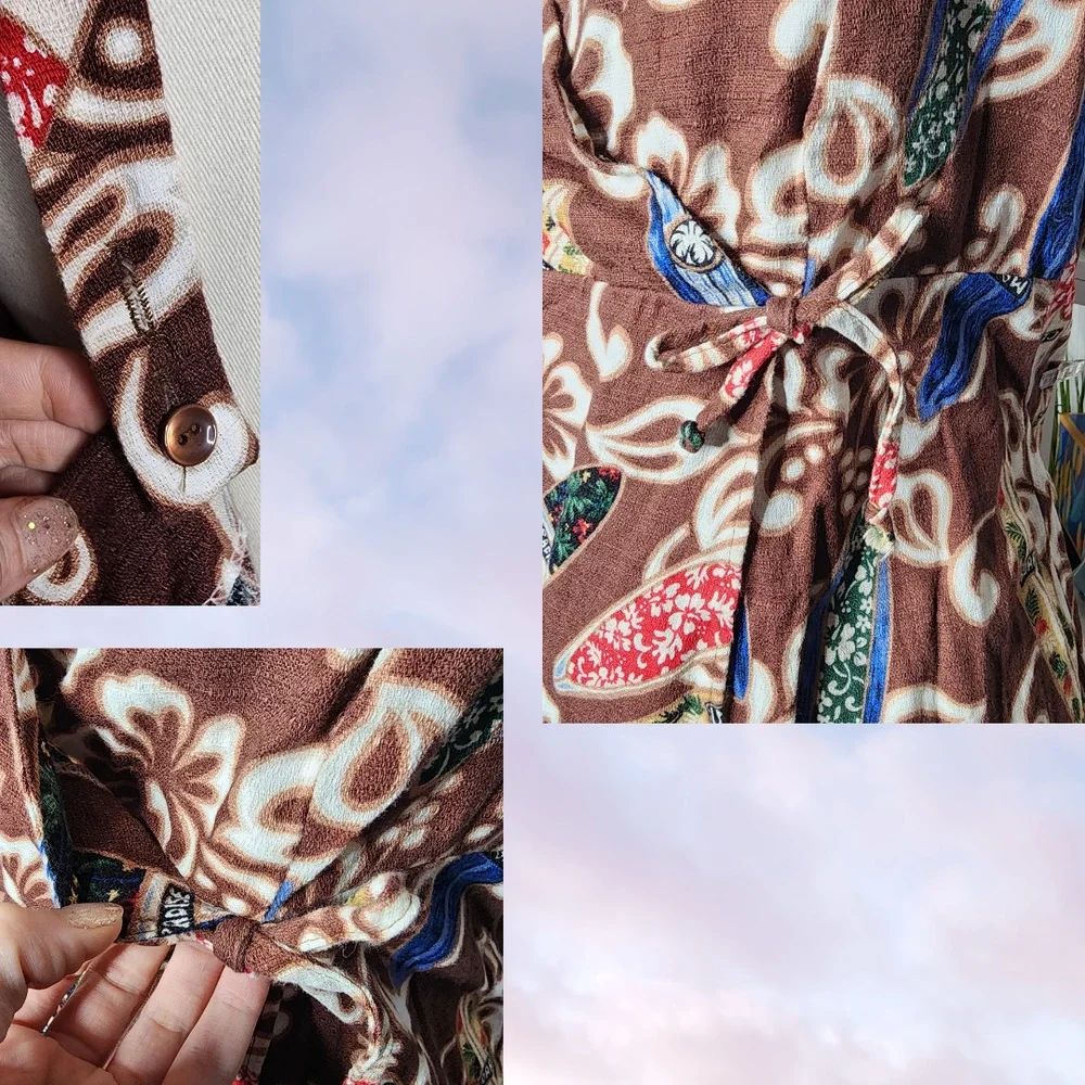 Vtg Hilo Hattie The Hawaiian Original 80's Brown Mini Floral Hibiscus Wrap Dress - Picture 7 of 8